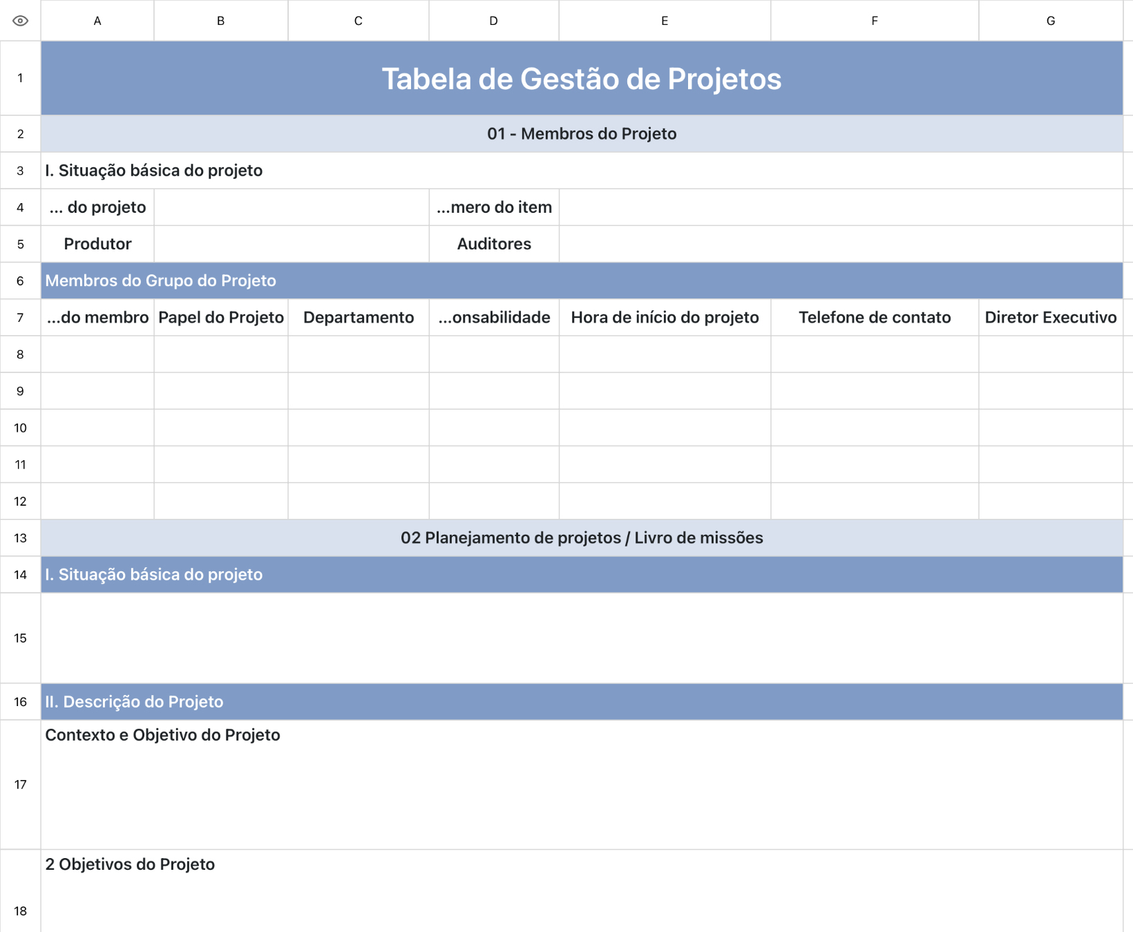 Tabela de Gestão de Projetos